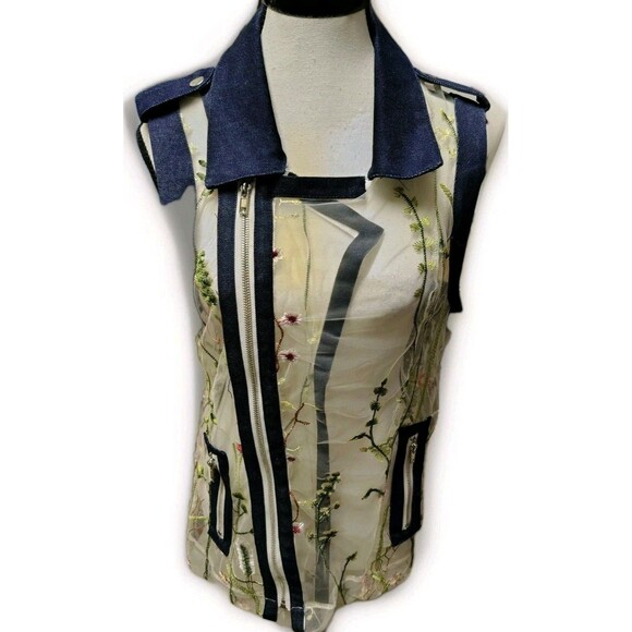 Paris Hues Sheer Embroidery Floral Sleeveless Denim Vest Size L Dark Blue Trim - Picture 1 of 16